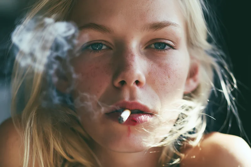 Young blonde woman exhaling cigarette smoke in closeup portrait