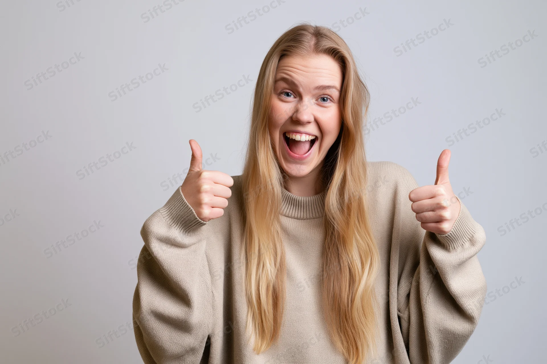 Young blonde woman giving two thumbs up and laughing openly in studio portrait