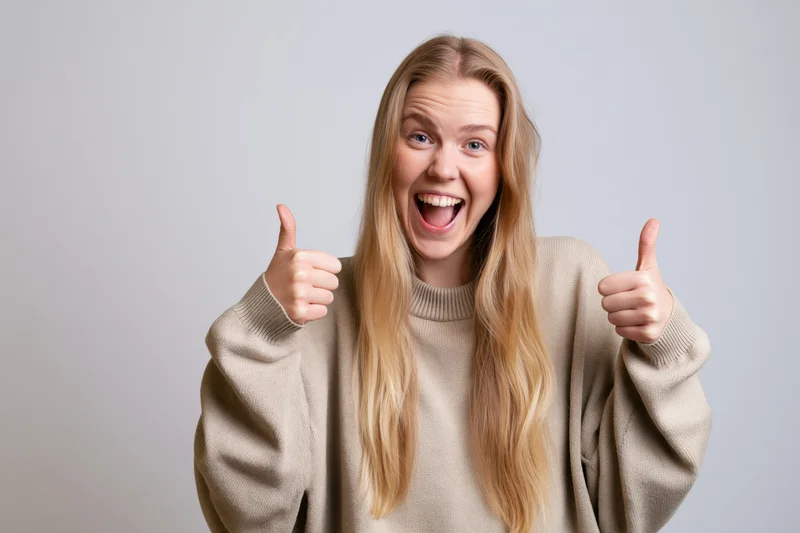 Young blonde woman giving two thumbs up and laughing openly in studio portrait