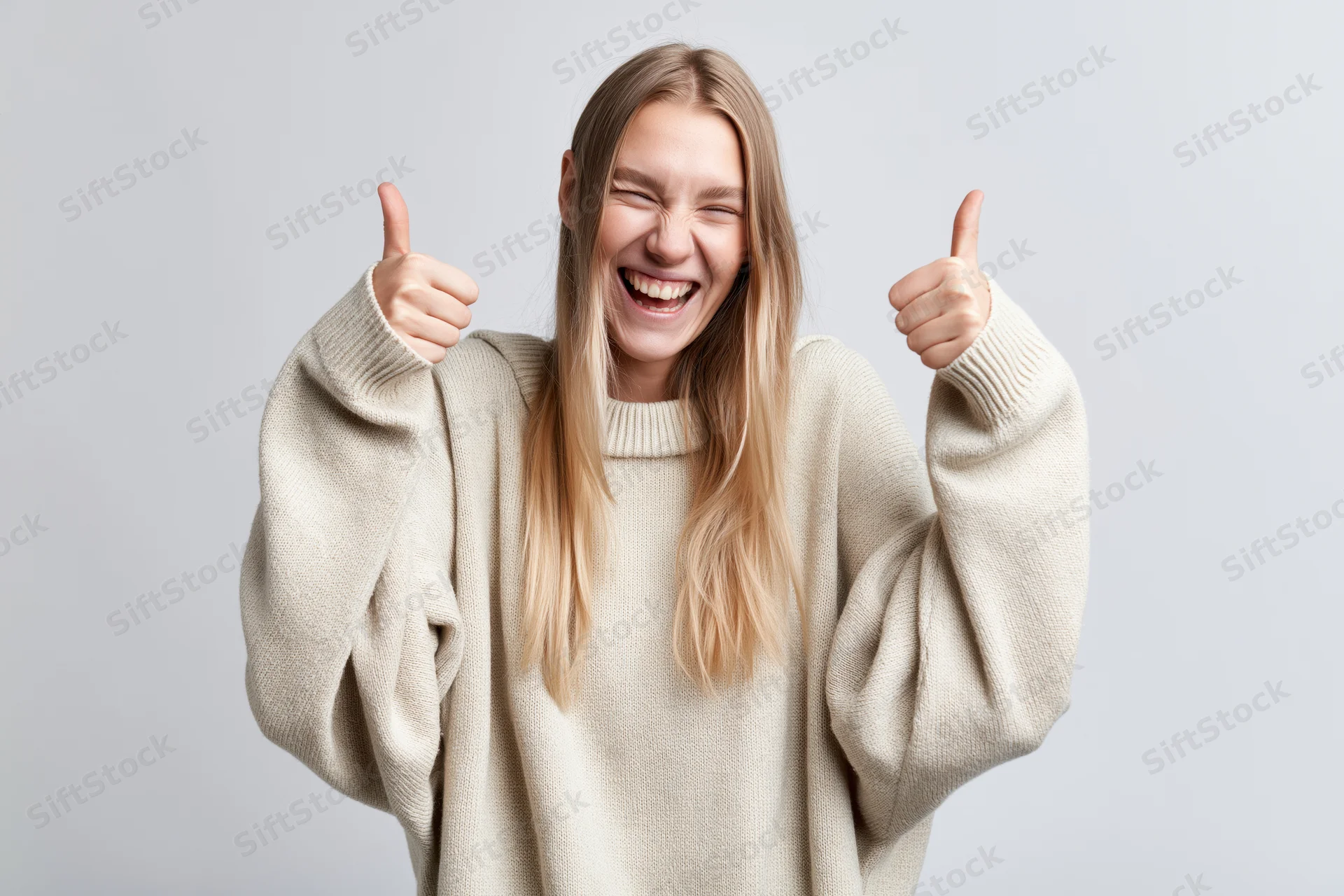 Young blonde woman laughing and giving two thumbs up in a beige sweater against a light gray background