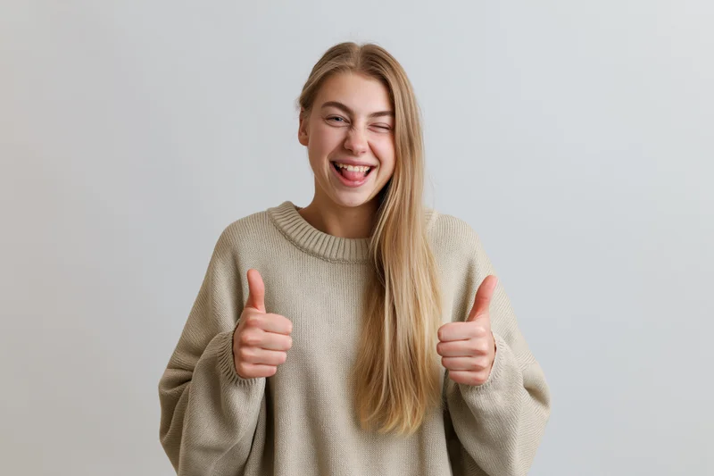 Young blonde woman laughing and giving two thumbs up in studio portrait