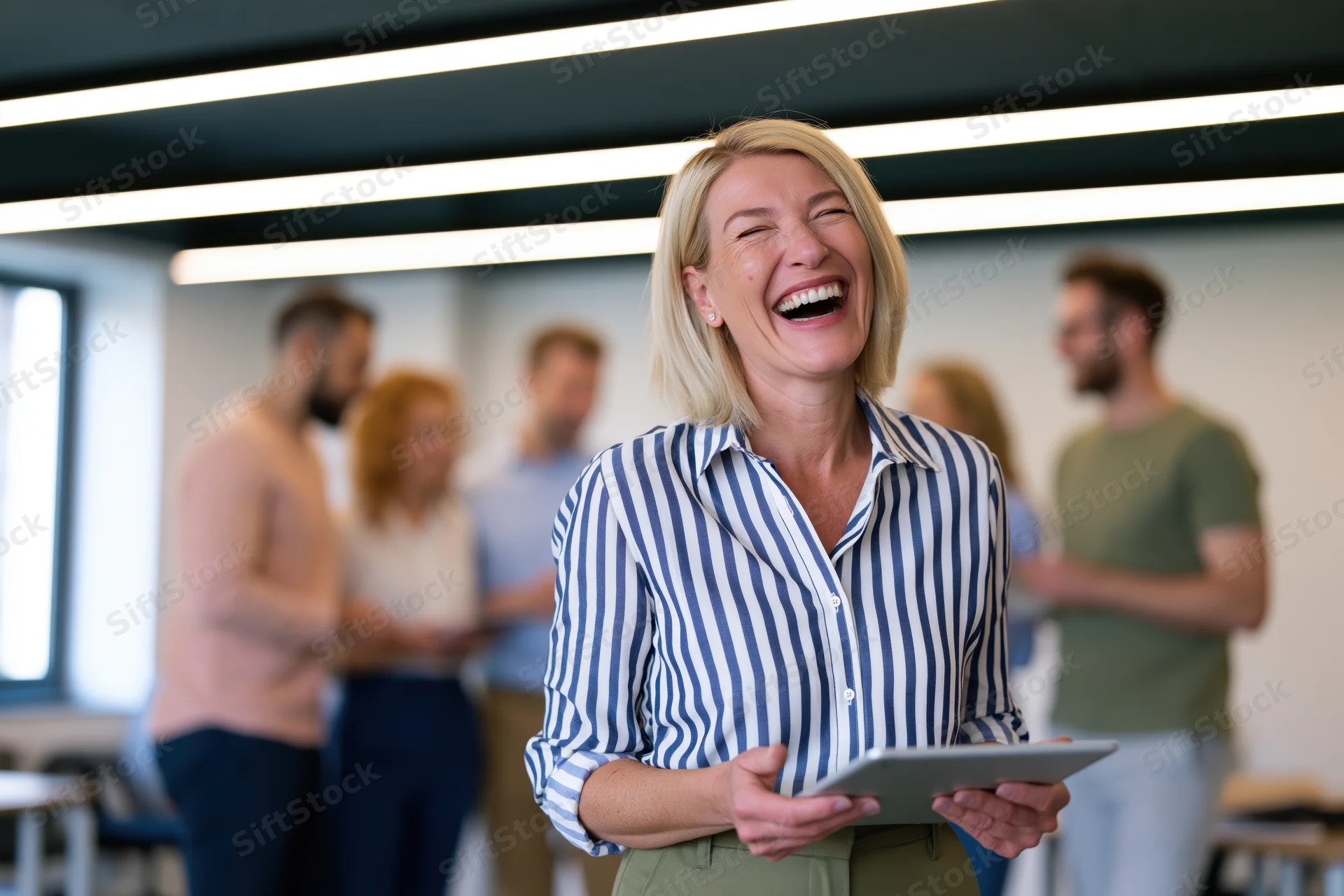 Woman laughing while holding tablet in office with colleagues in background