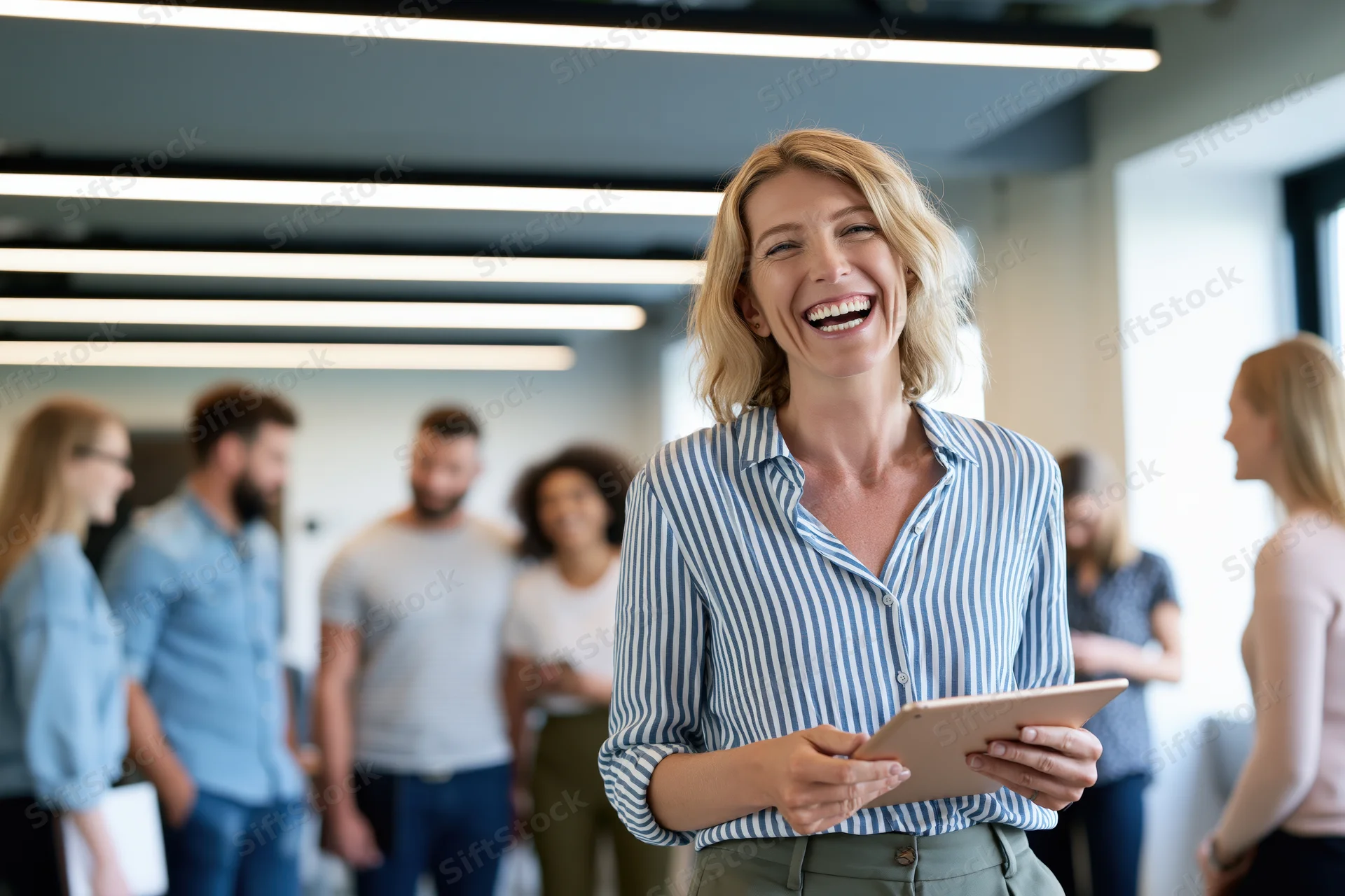 Blonde woman laughing while holding tablet in office with colleagues in background