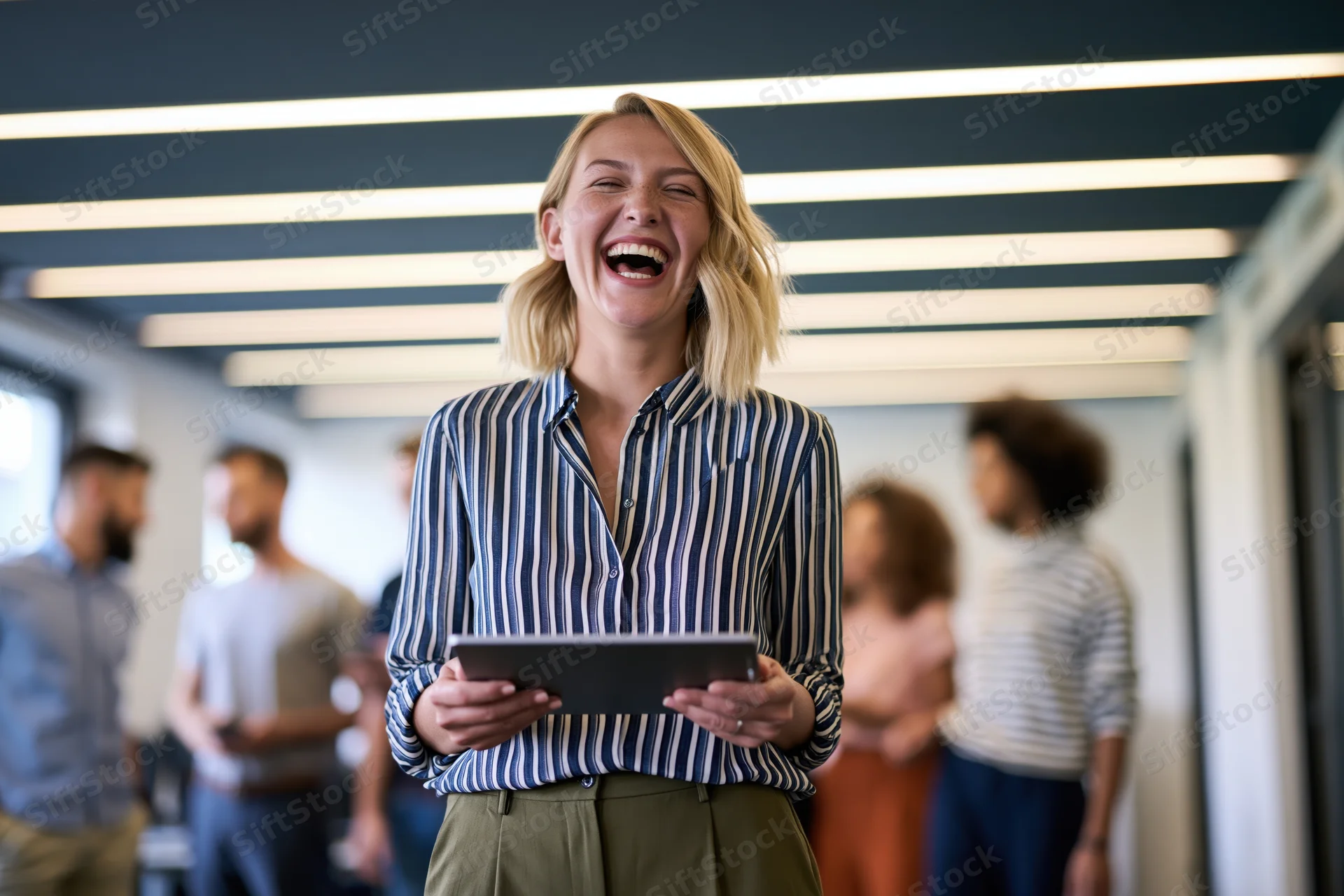 Blonde woman laughing while holding tablet in modern office with colleagues in background