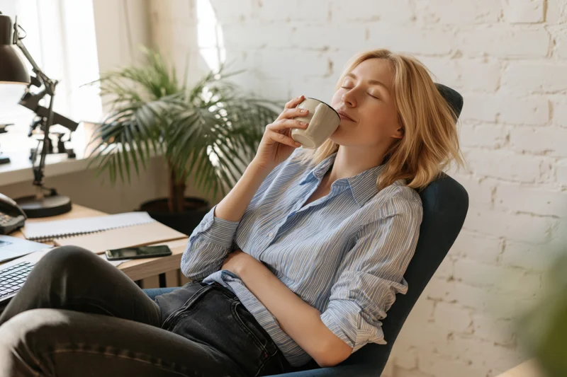 Blonde woman leaning back in office chair sipping coffee with eyes closed at desk