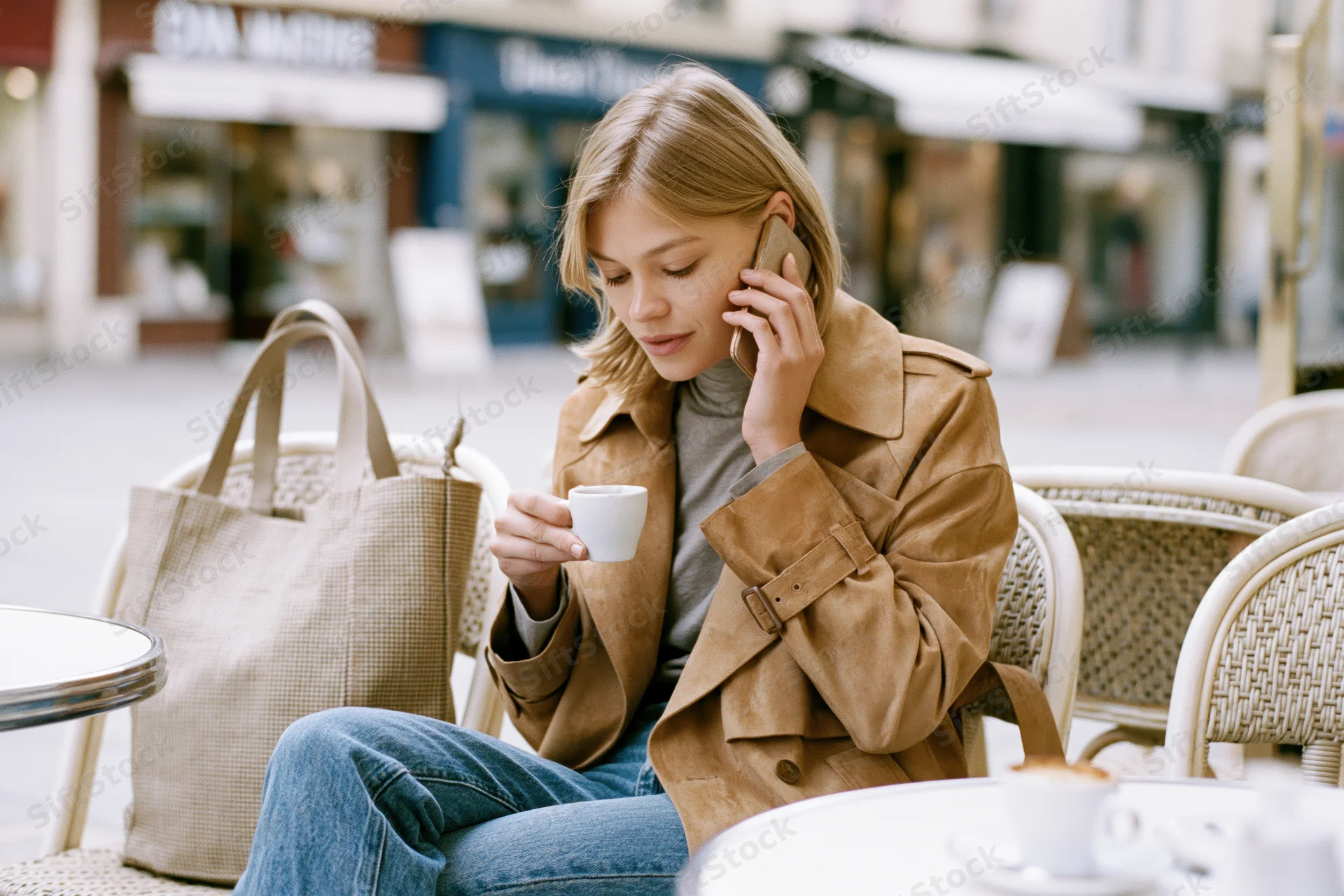 Young blonde woman seated at outdoor cafe table holding coffee cup and talking on smartphone