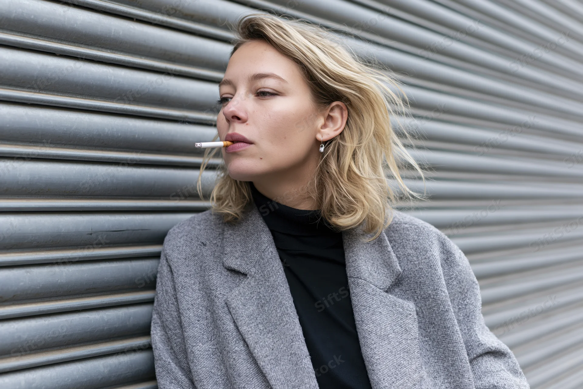 Young blonde woman smoking a cigarette while leaning against a metal shutter outdoors