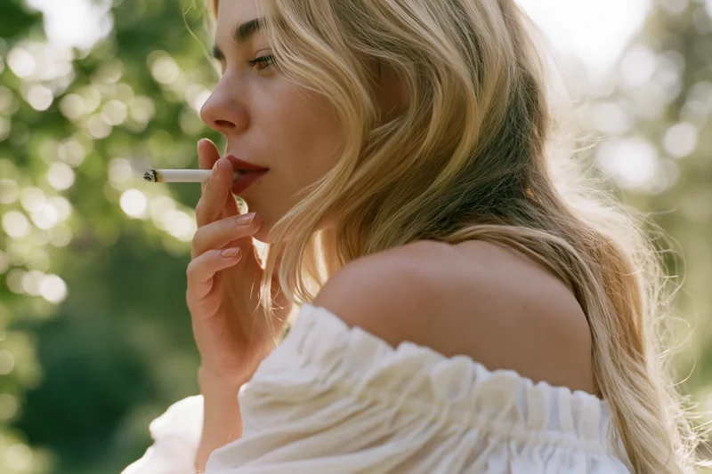 Blonde woman smoking a cigarette in profile outdoors wearing a white off-shoulder top