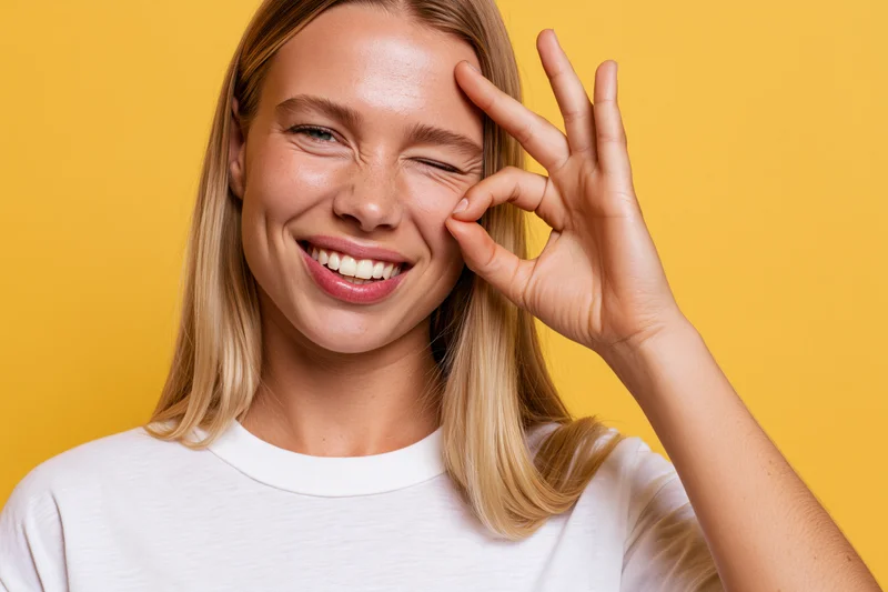 Young blonde woman winking and smiling with hand gesture against yellow background
