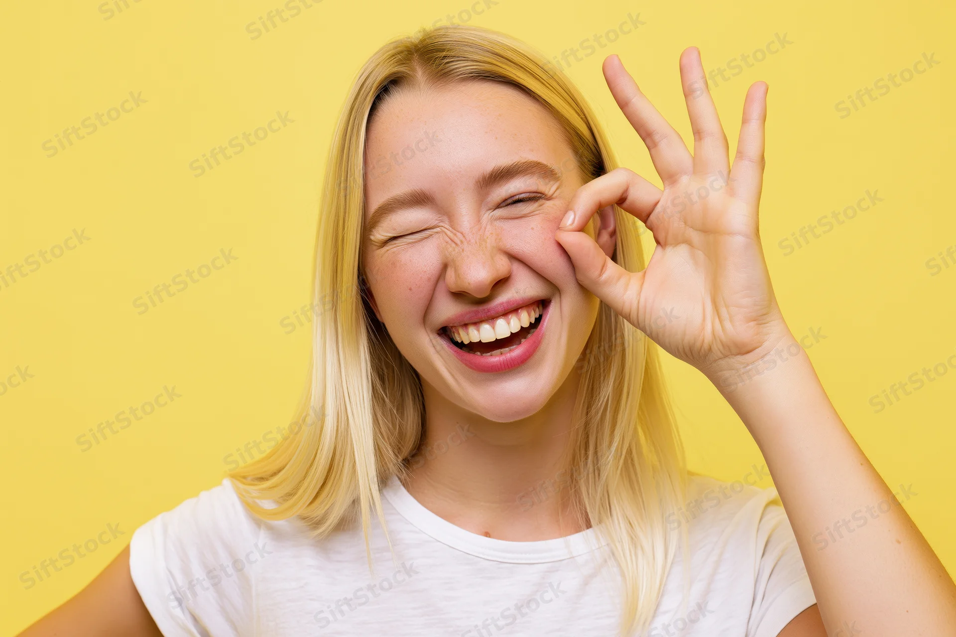 Young blonde woman laughing and winking with ok hand gesture against yellow background