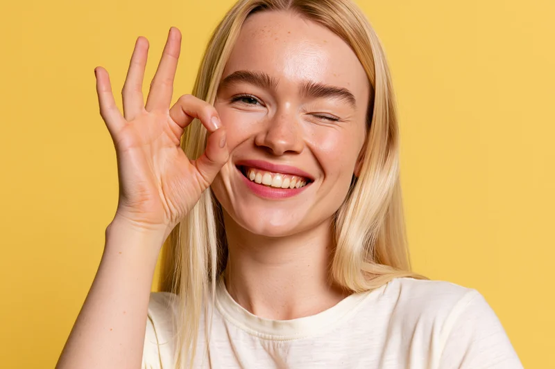 Young blonde woman winking and making ok sign with hand against yellow background