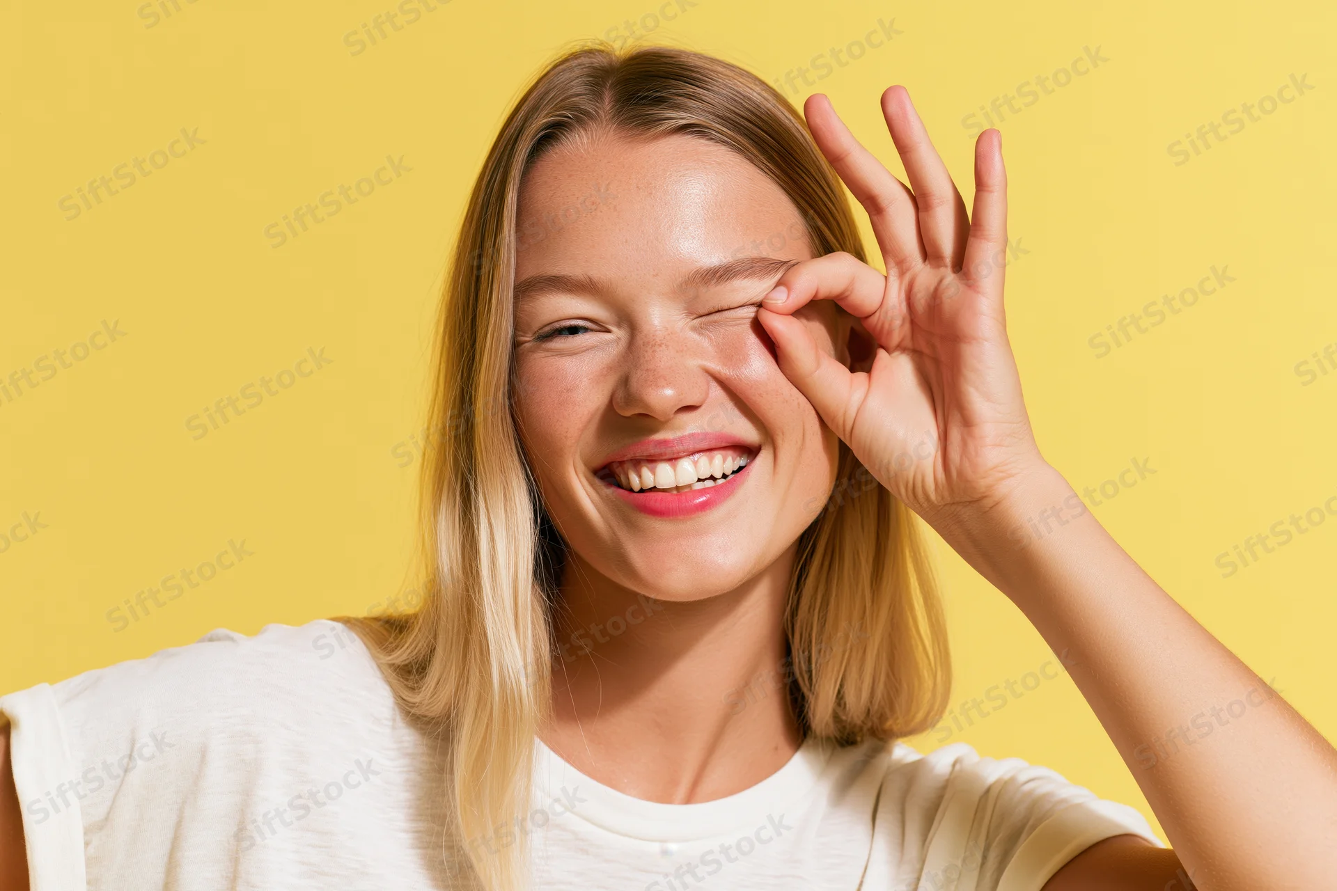 Young blonde woman winking with hand gesture against yellow background