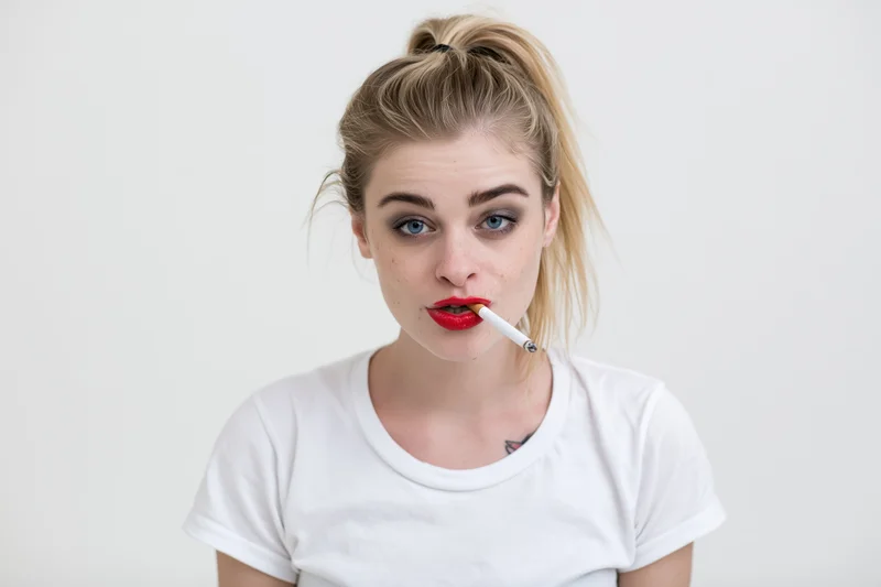 Young blonde woman with cigarette in mouth, wearing white t-shirt, studio portrait