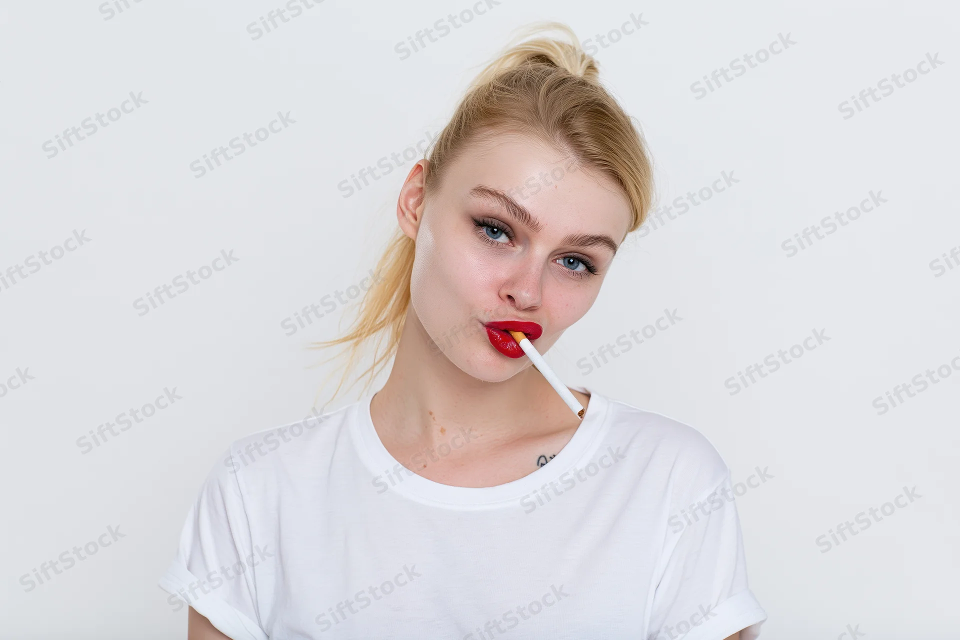 Young blonde woman with high ponytail holding a cigarette in her mouth, wearing white t-shirt, in studio setting