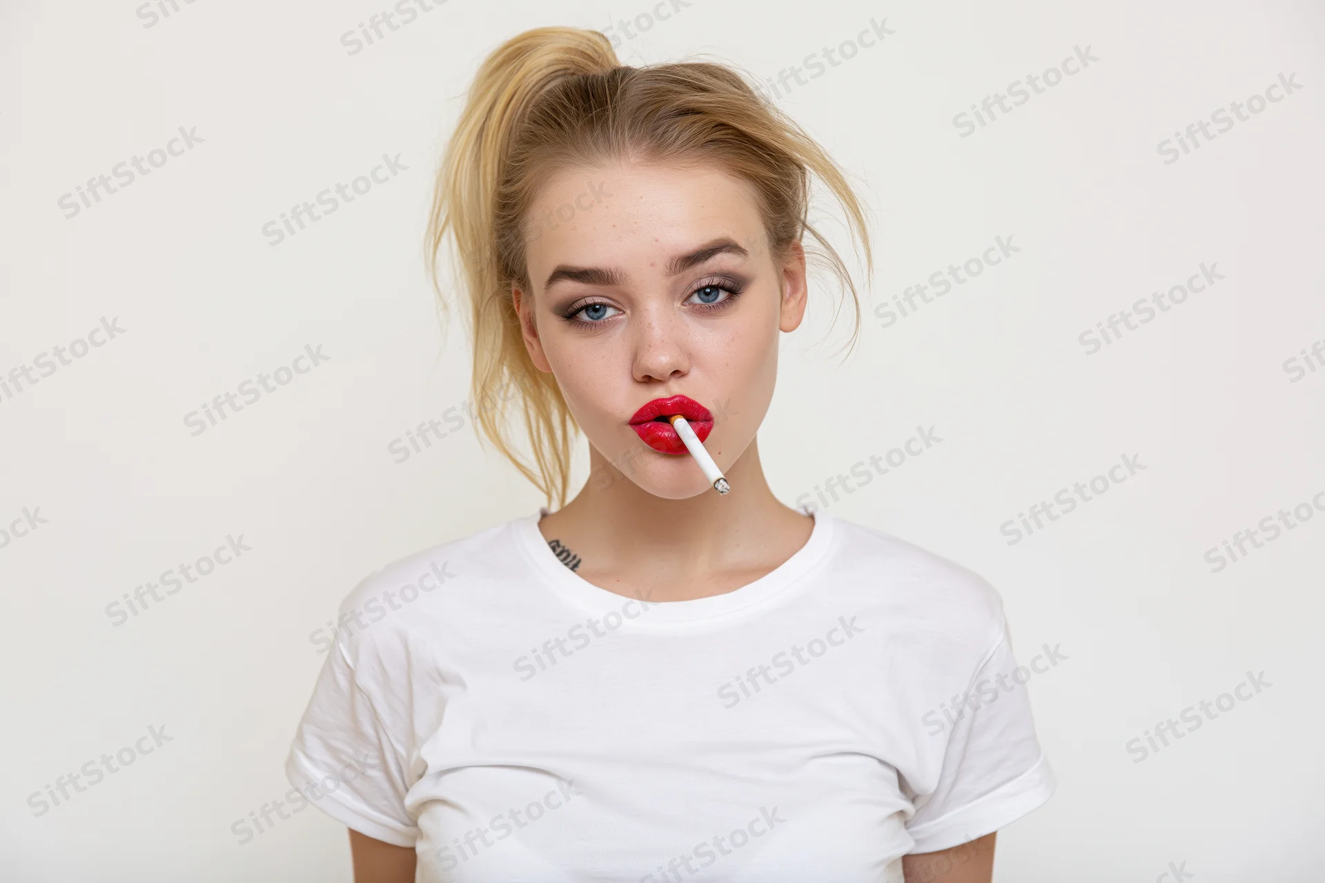 Young blonde woman with high ponytail holding cigarette in mouth, wearing white tshirt, studio portrait