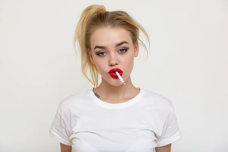 Young blonde woman with high ponytail holding cigarette in mouth, wearing white tshirt, studio portrait