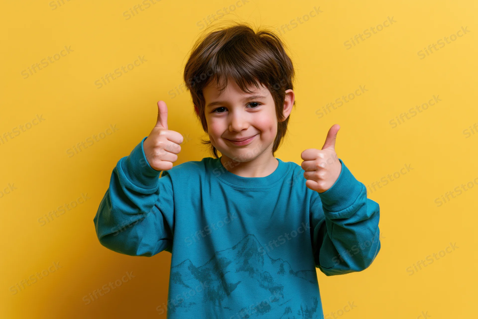 Young boy giving double thumbs-up against yellow background