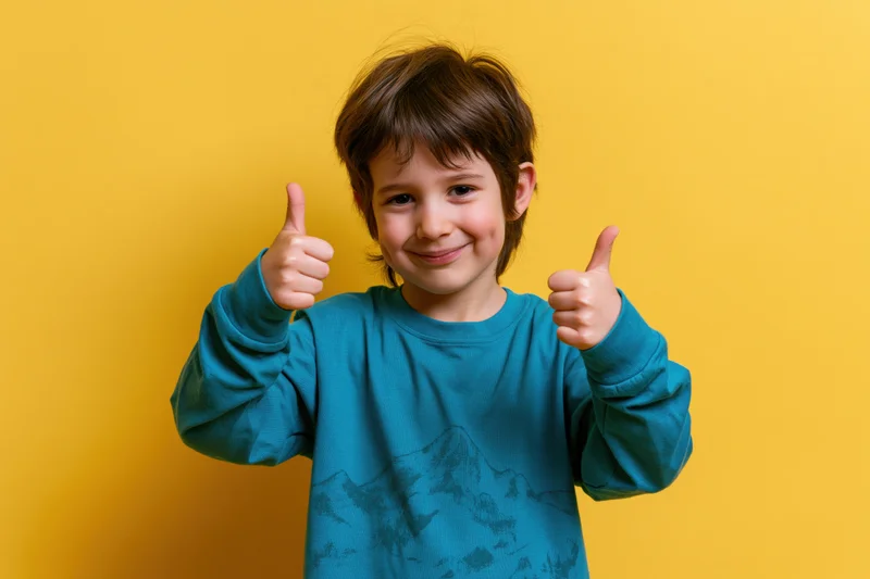 Young boy giving double thumbs-up against yellow background