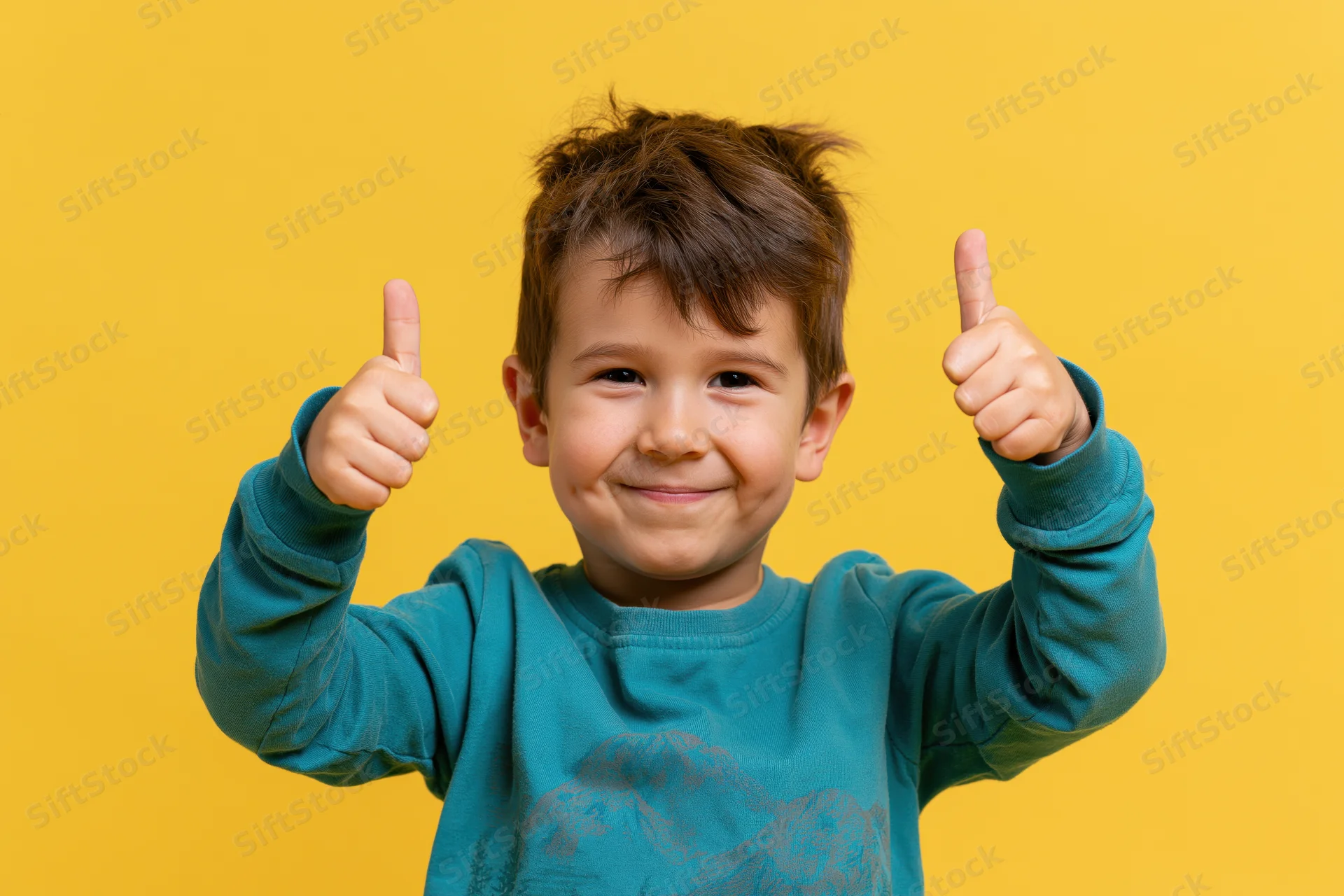 Young boy giving double thumbs-up against yellow background