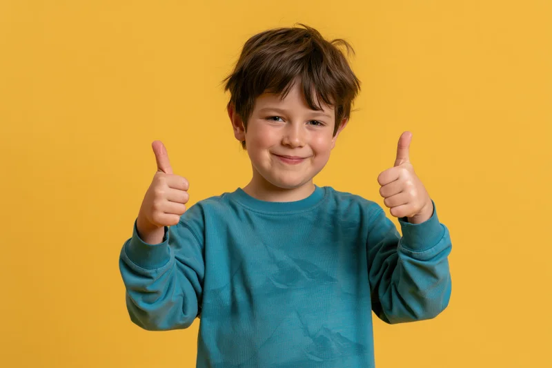 Young boy giving double thumbs-up against yellow background