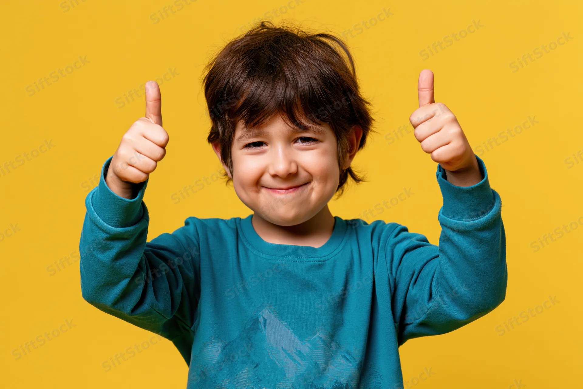 Young boy giving double thumbs-up against yellow background