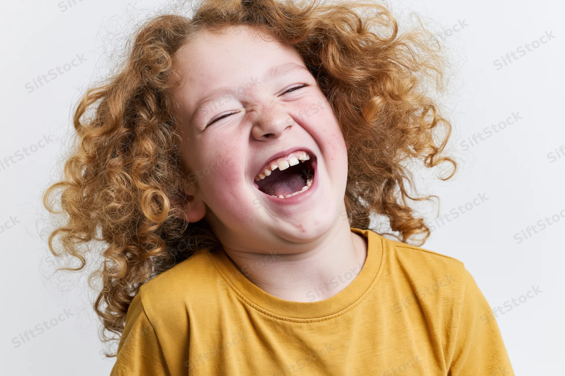 Young girl with voluminous curly light-brown hair laughing joyfully in studio portrait