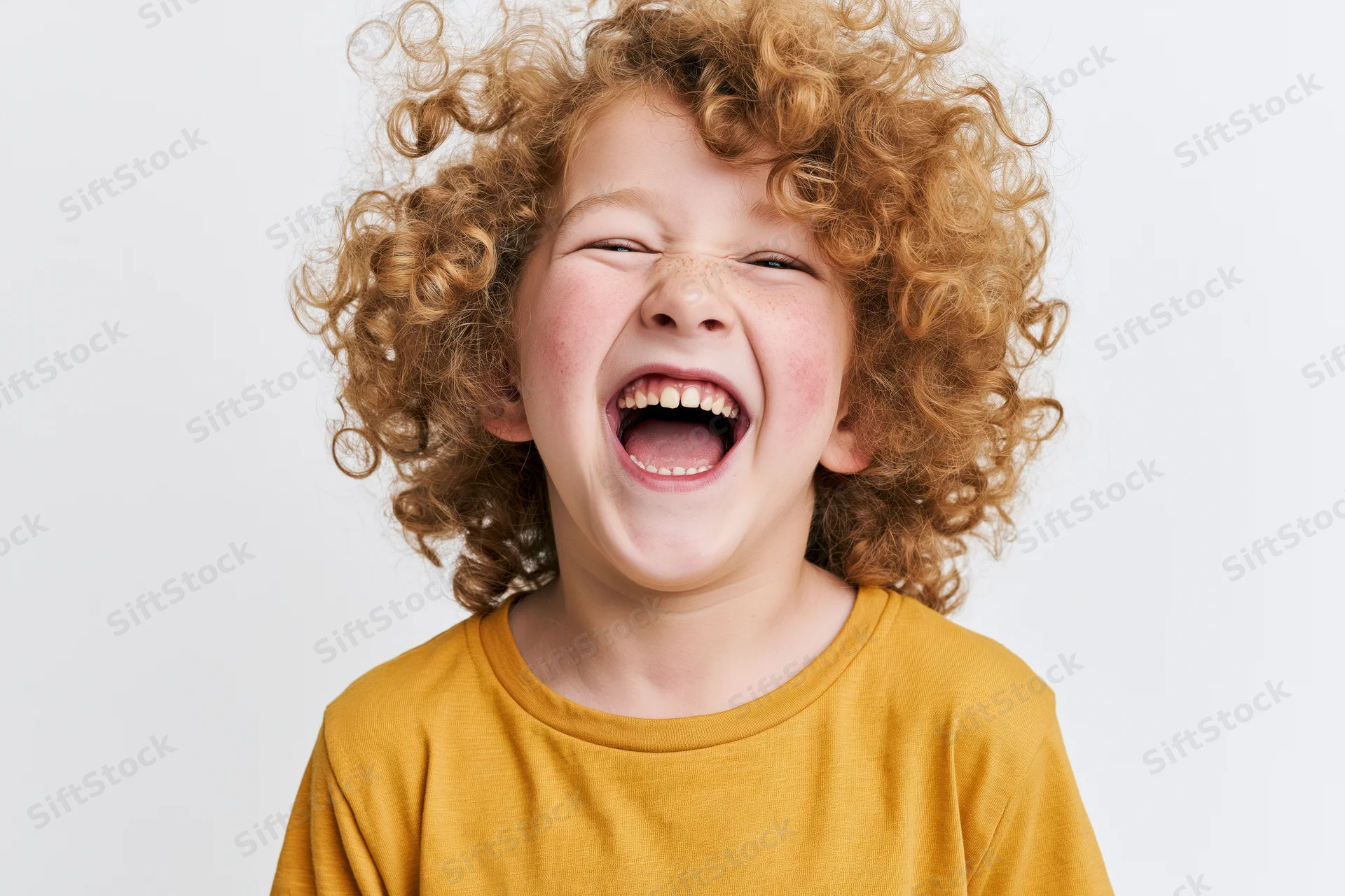 Young child with voluminous curly light-brown hair laughing in a studio portrait