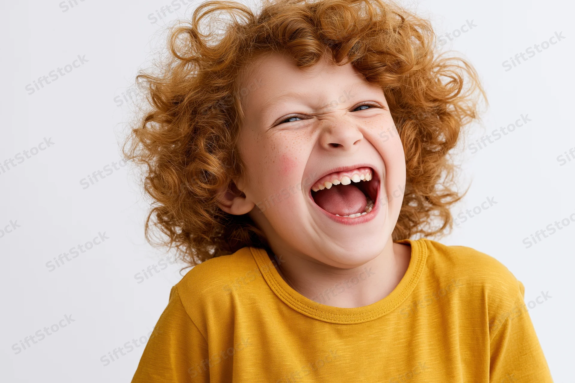 Young child with voluminous curly light-brown hair laughing in a studio portrait