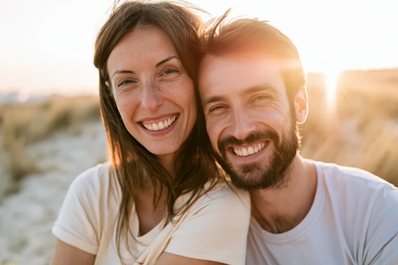 Young couple smiling cheek to cheek on beach at sunset