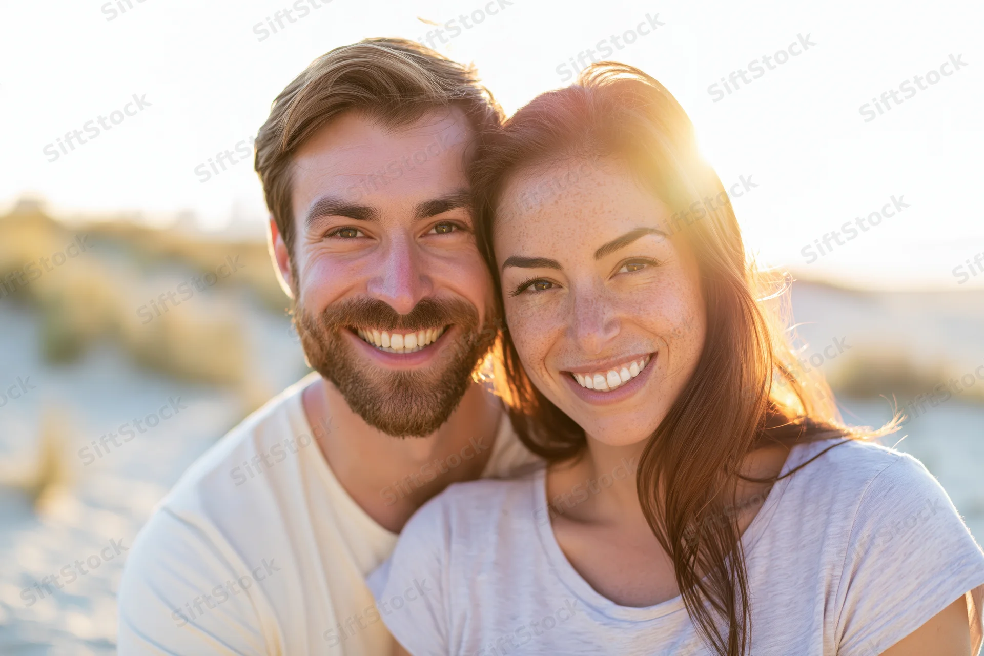 Young couple smiling cheek to cheek on a sandy beach at sunset