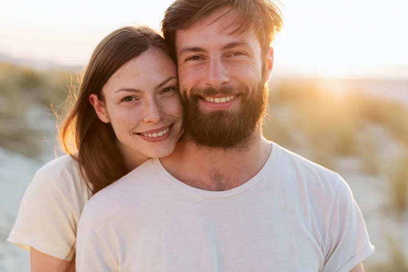 Young couple smiling cheek to cheek on beach at sunset
