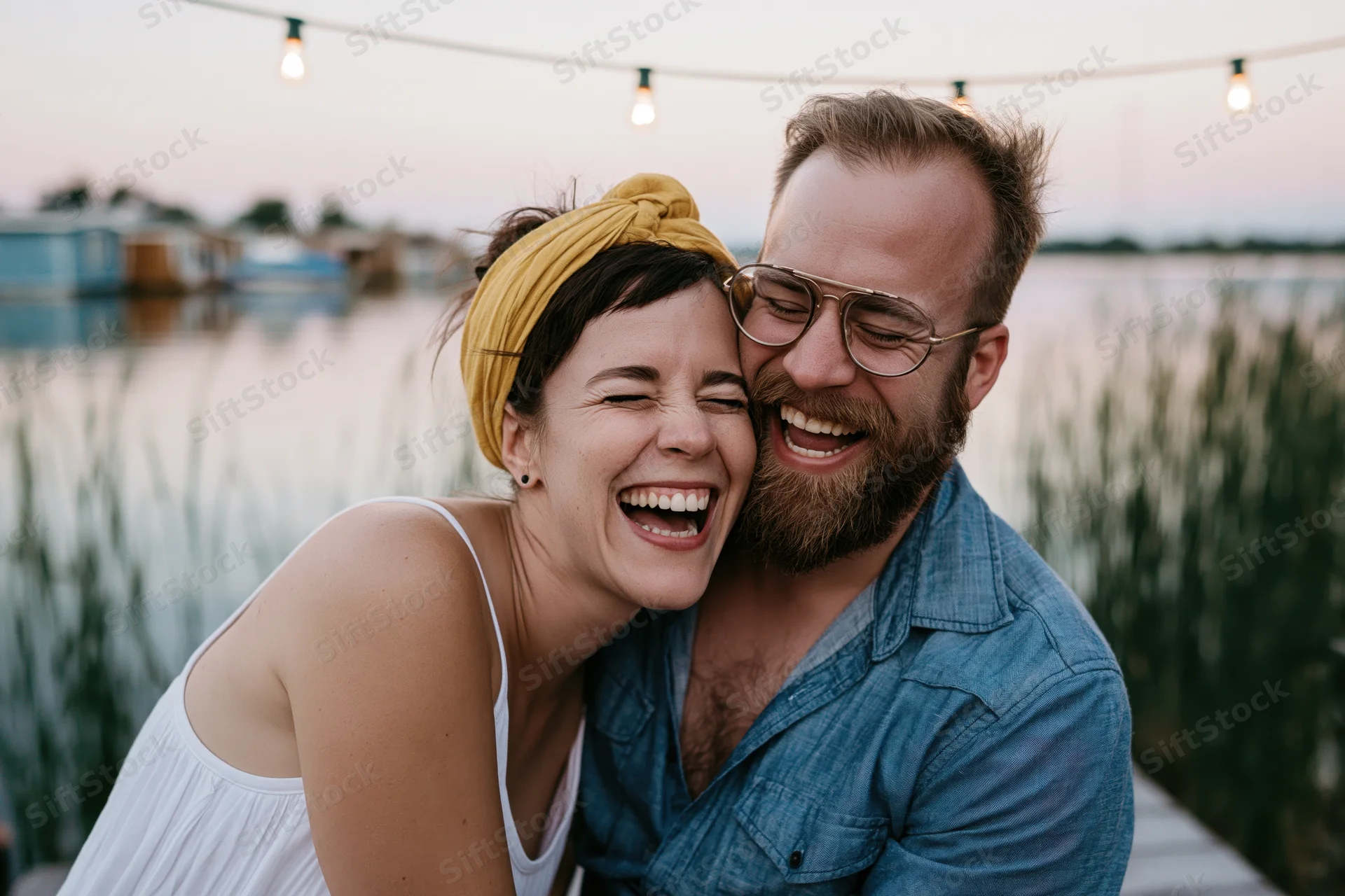 Young couple laughing and embracing by a lakeside dock at twilight