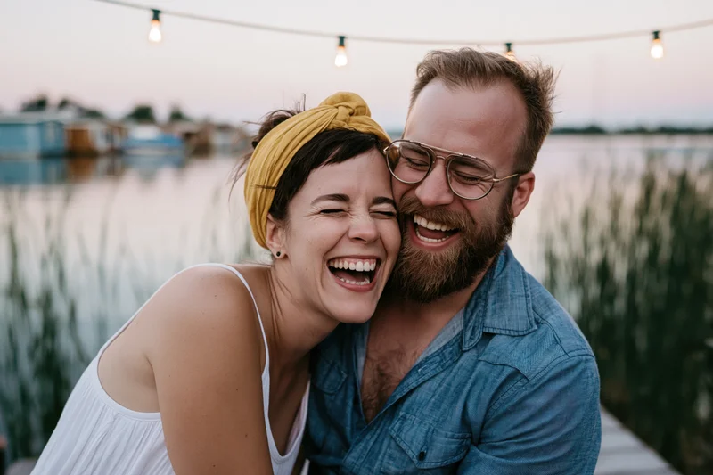 Young couple laughing and embracing by a lakeside dock at twilight