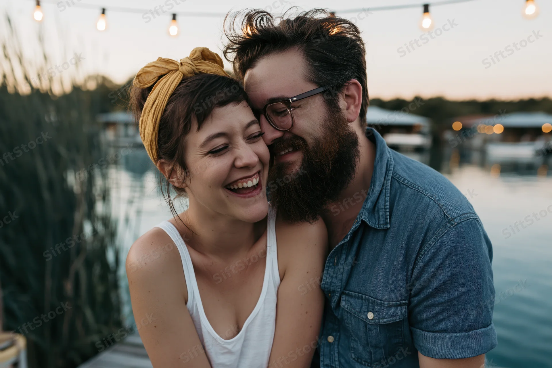 Young couple laughing and embracing by a lakeside at sunset