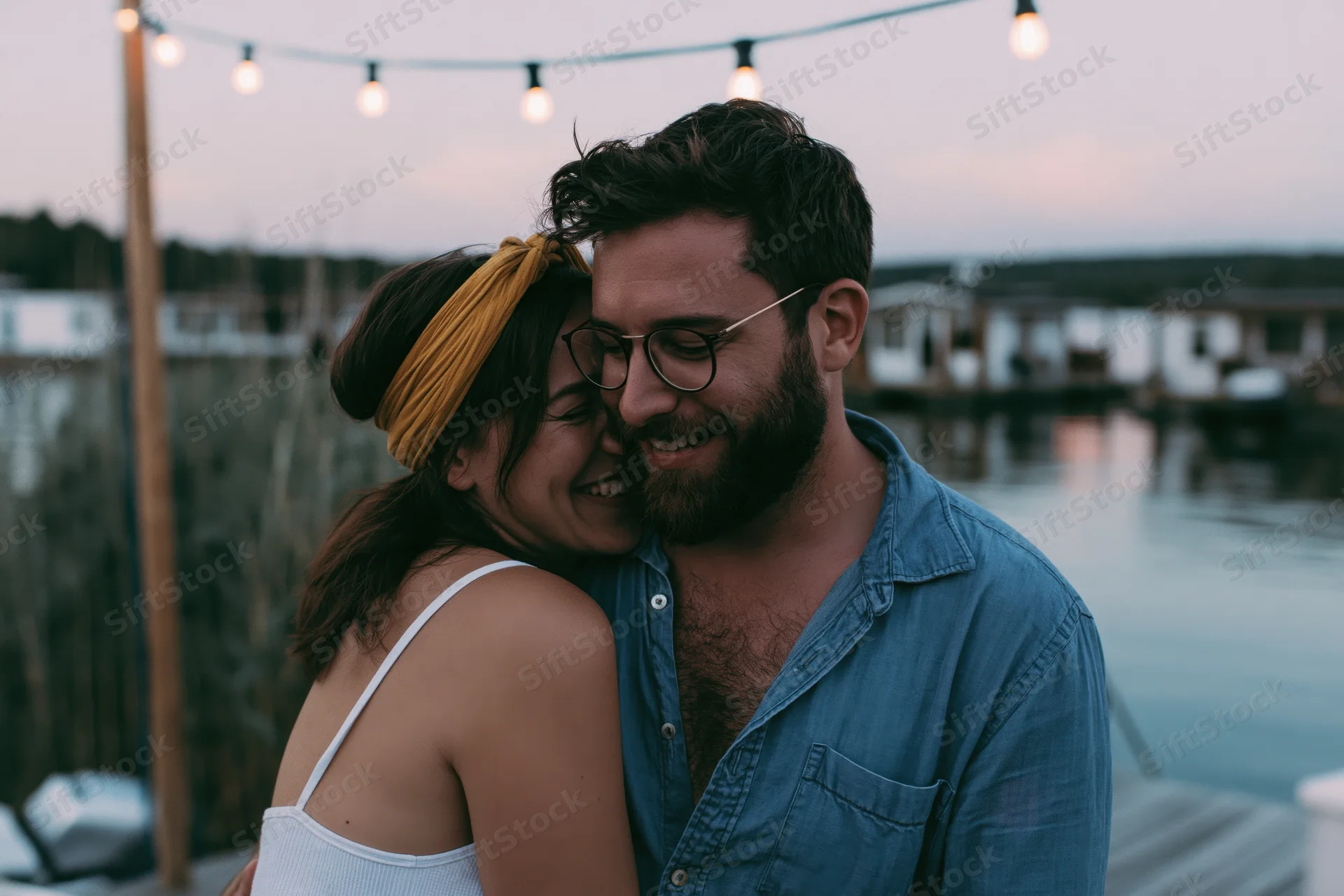 Young couple embracing and laughing on a lakeside dock at twilight