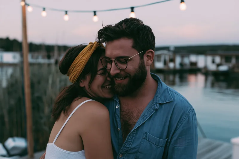 Young couple embracing and laughing on a lakeside dock at twilight