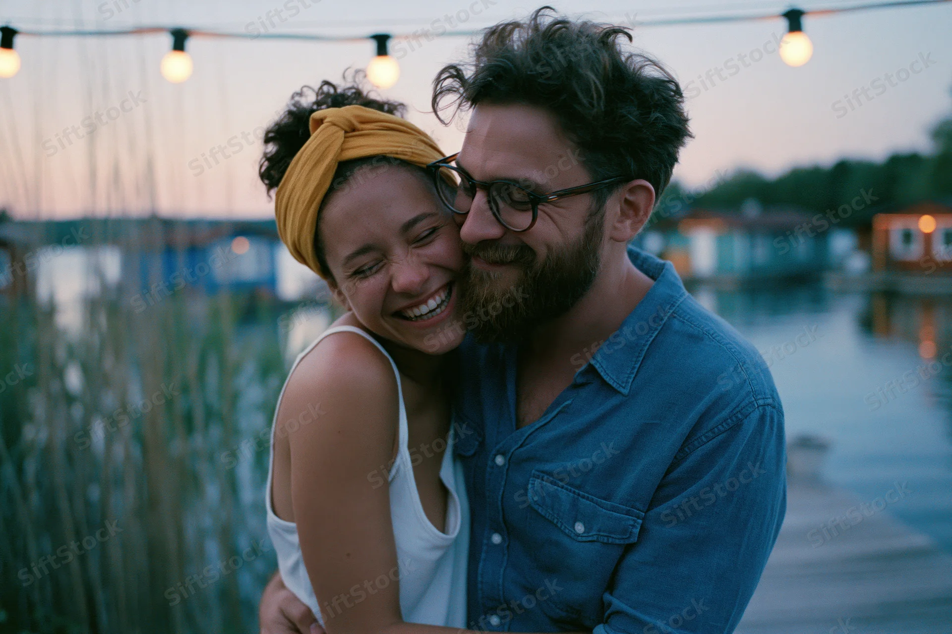 Young couple embracing and laughing by a lakeside dock at twilight