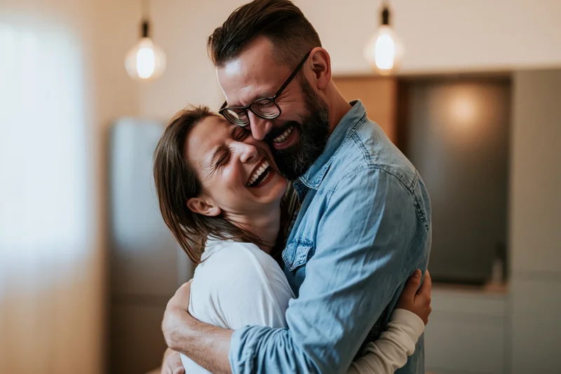 Couple embracing and laughing in a modern apartment kitchen