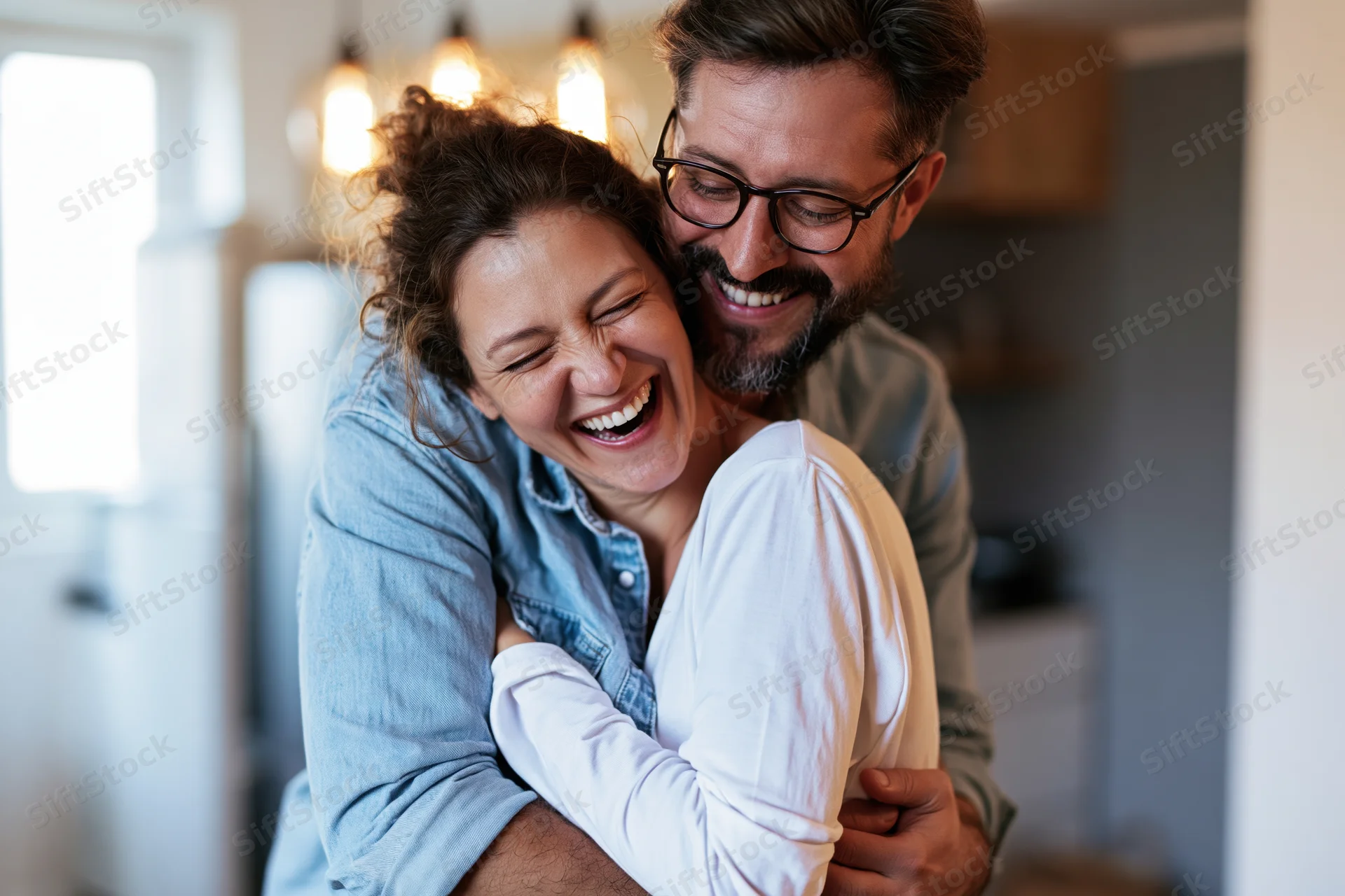 Couple embracing and laughing in a modern apartment kitchen