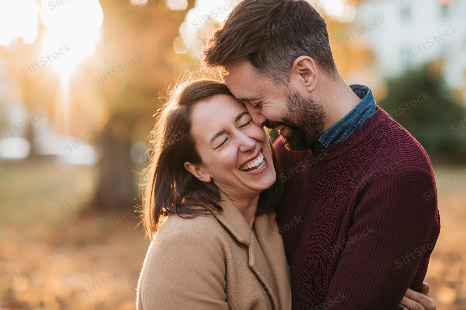 Couple embracing and laughing in a sunlit park during autumn