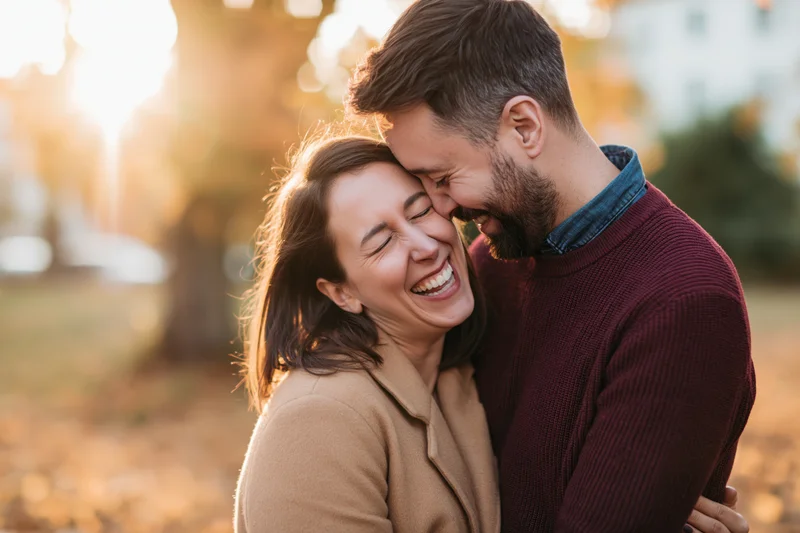 Couple embracing and laughing in a sunlit park during autumn