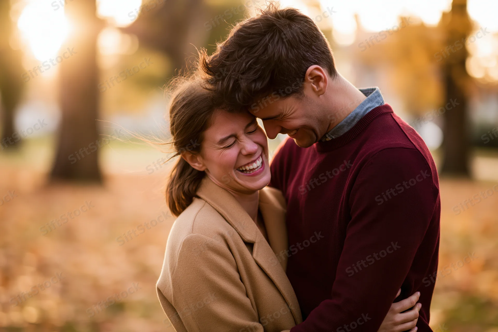 Young couple embracing and laughing in a park at sunset