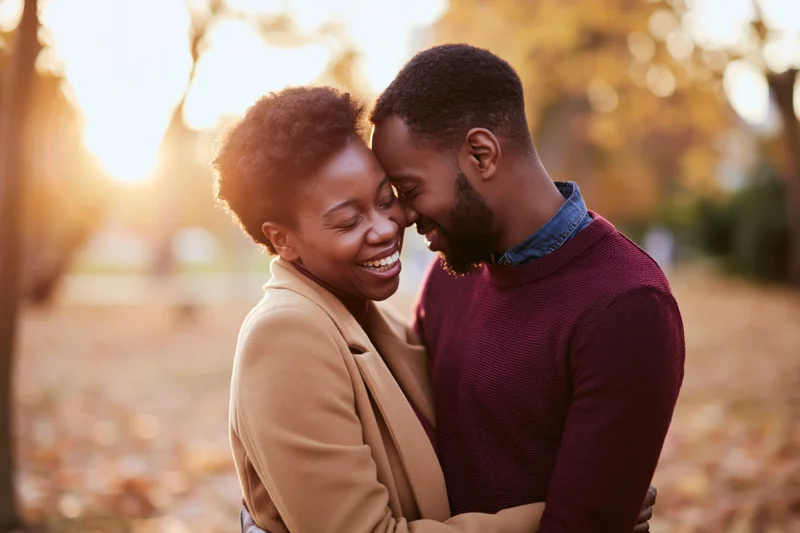 African couple embracing and laughing in a park during autumn golden hour