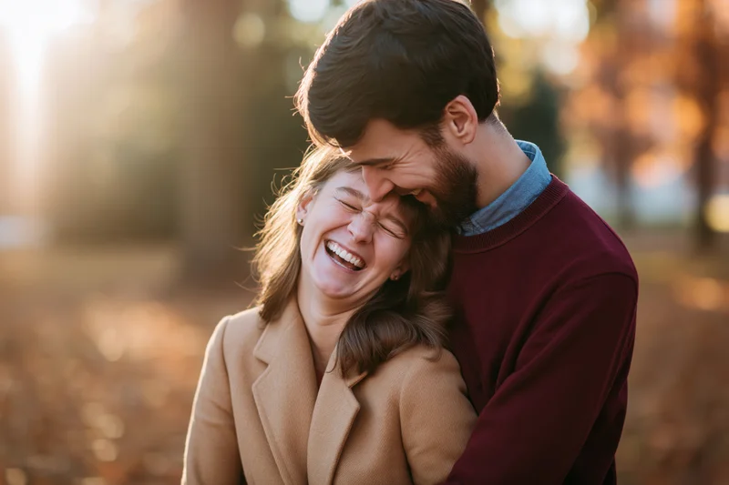 Young couple embracing in a park with woman laughing and eyes closed