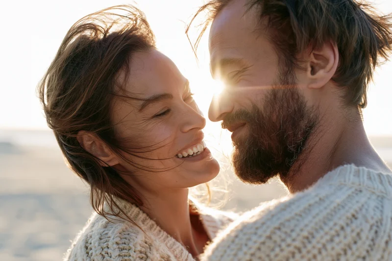 Young couple smiling close together on beach at sunset