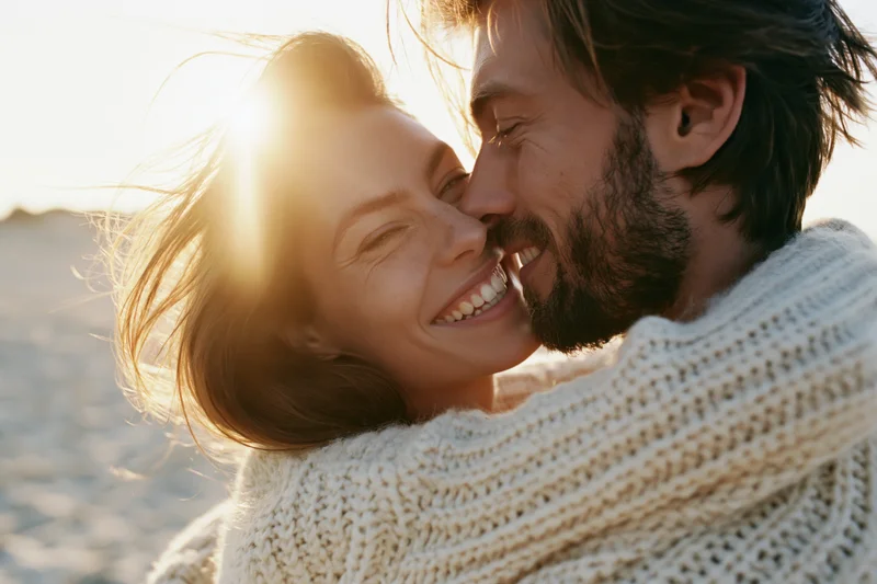 Couple embracing closely on beach at sunset, smiling and laughing, warm sunlight behind them