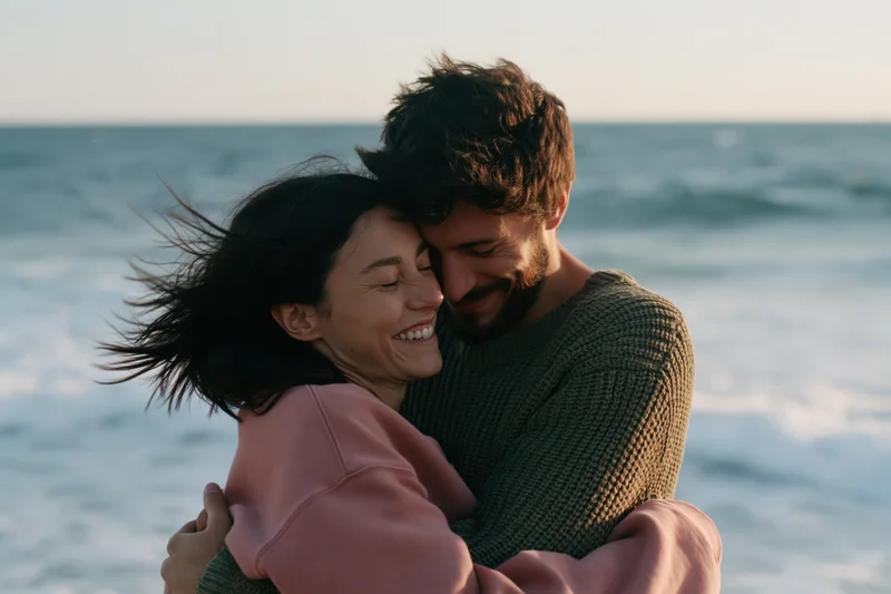Young couple embracing on a beach with ocean waves behind them