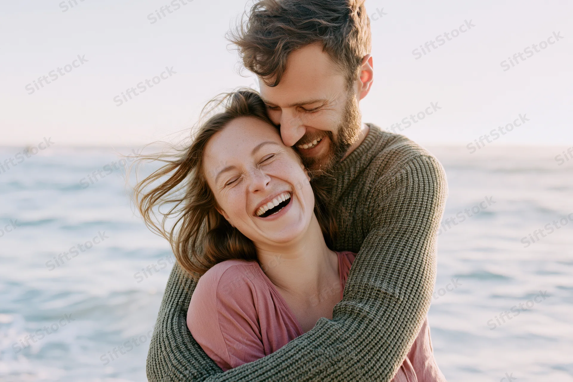 Man hugging woman who is laughing on a beach