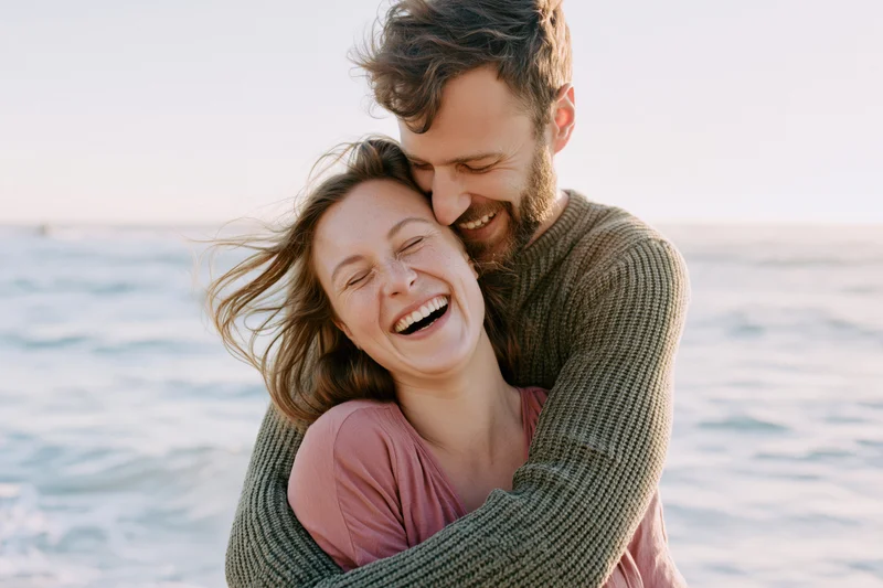 Man hugging woman who is laughing on a beach