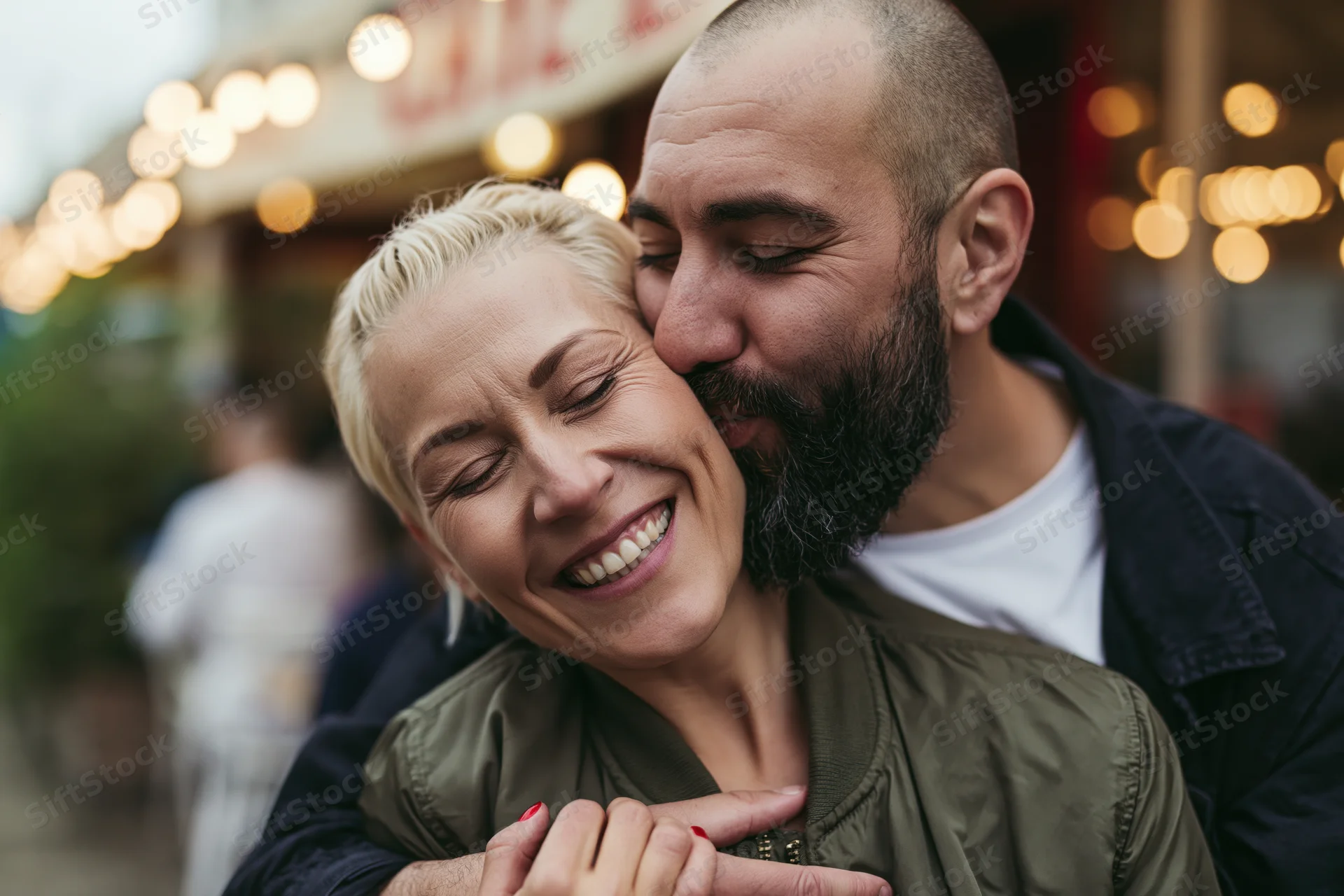 Man kissing woman on the cheek as they embrace on a city street at evening